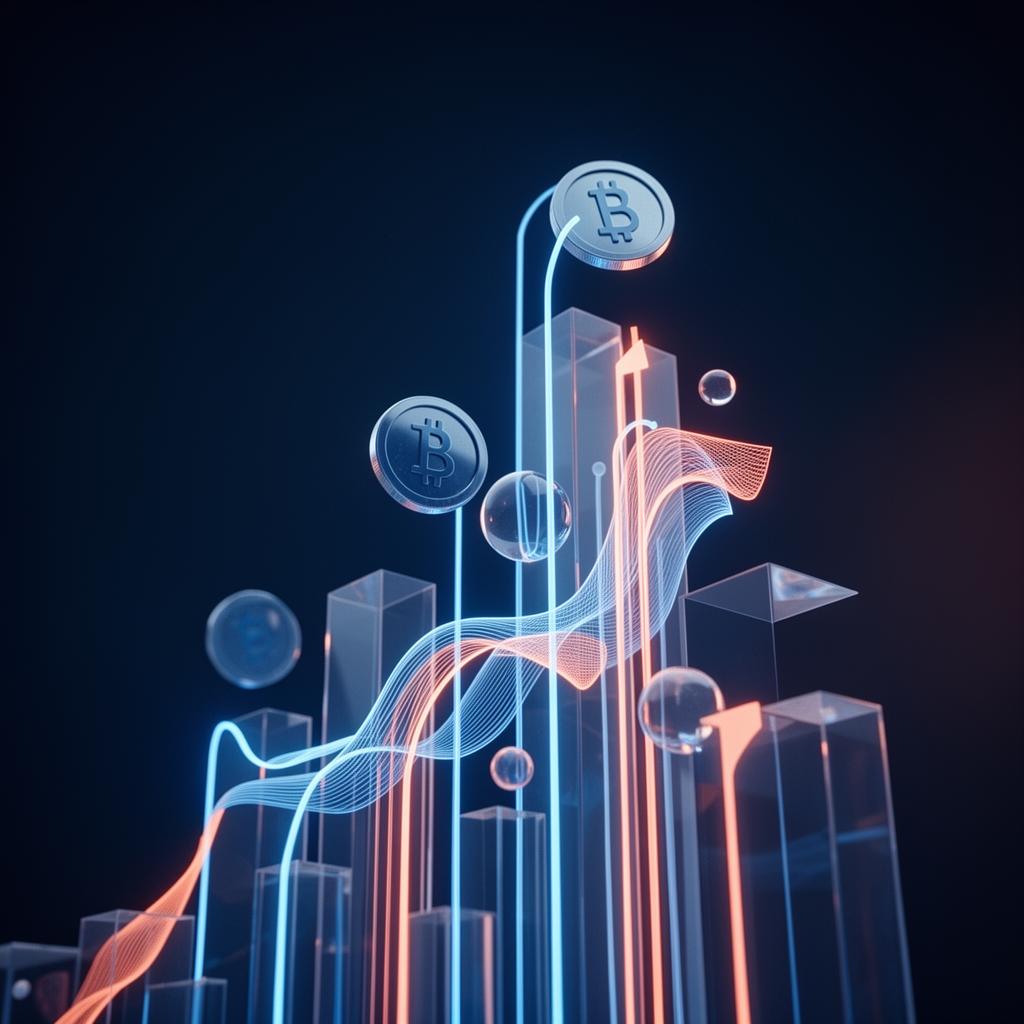 Abstracte 3D visual van AI datastromen en budgetgroei in glazen geometrische vormen